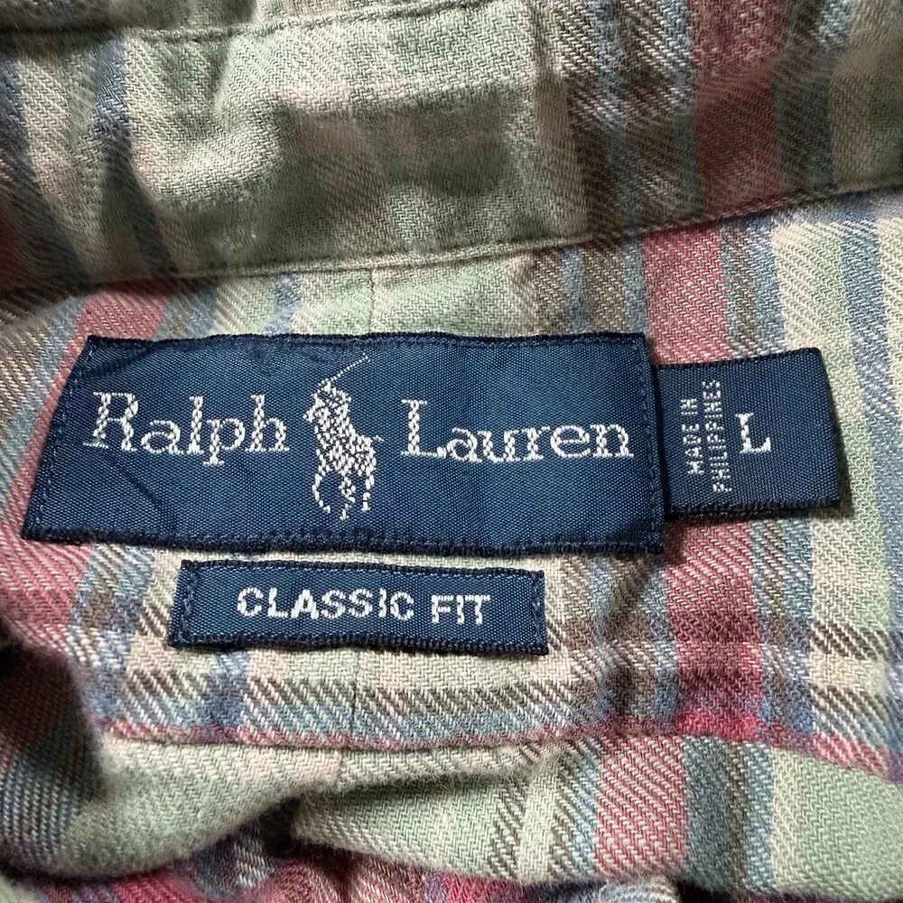 Polo Ralph Lauren Shirt Large Green Blue Button Down Plaid Classic Fit Mens